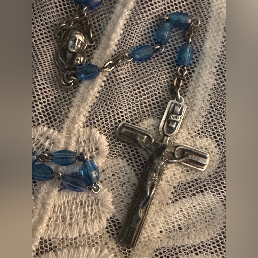 Blue Beaded Rosary Vintage Necklace with Silver Crucifix- Italy.